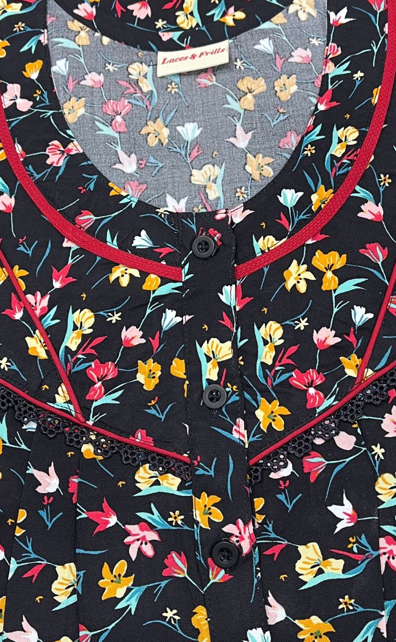 Black/Red Tiny Flora Rayon Nighty. Flowy Rayon Fabric | Laces and Frills - Laces and Frills
