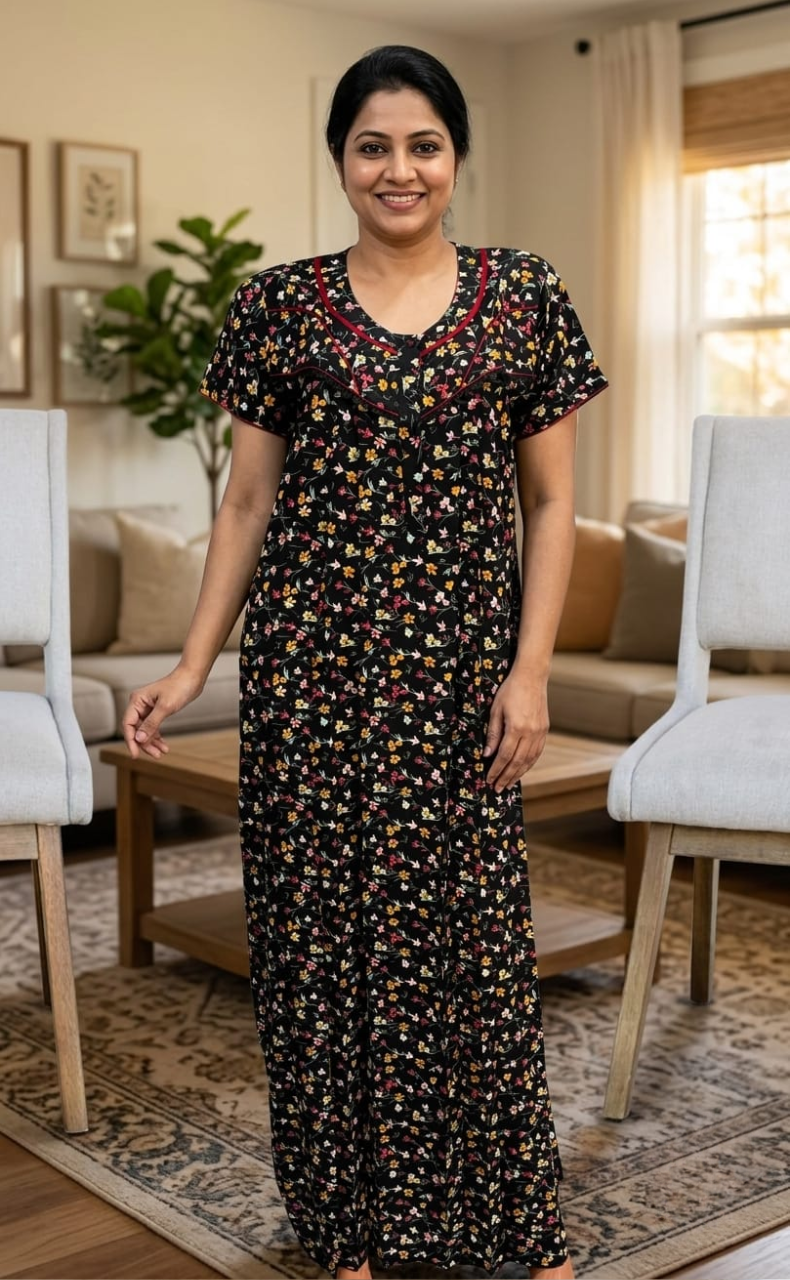 Black/Red Tiny Flora Rayon Nighty. Flowy Rayon Fabric | Laces and Frills