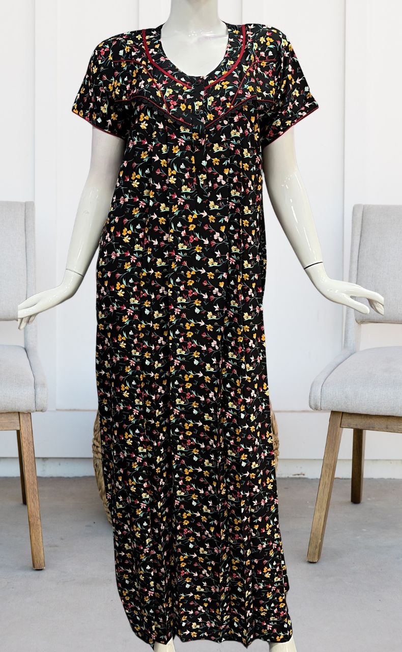 Black/Red Tiny Flora Rayon Nighty. Flowy Rayon Fabric | Laces and Frills - Laces and Frills