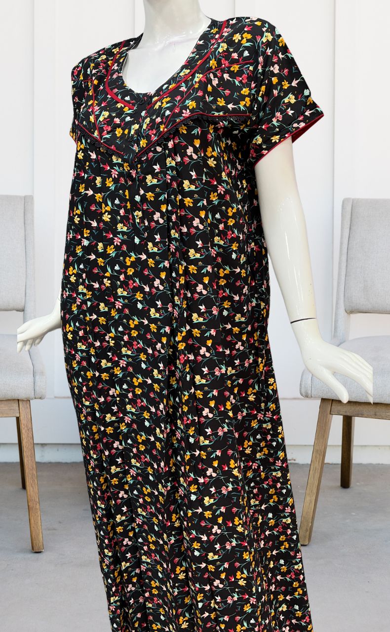 Black/Red Tiny Flora Rayon Nighty. Flowy Rayon Fabric | Laces and Frills - Laces and Frills