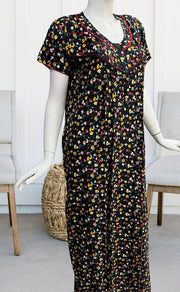 Black/Red Tiny Flora Rayon Nighty. Flowy Rayon Fabric | Laces and Frills - Laces and Frills