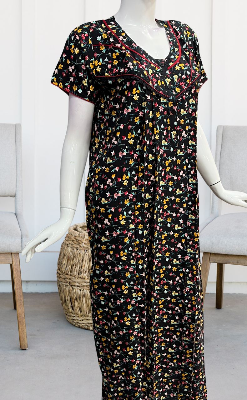 Black/Red Tiny Flora Rayon Nighty. Flowy Rayon Fabric | Laces and Frills - Laces and Frills