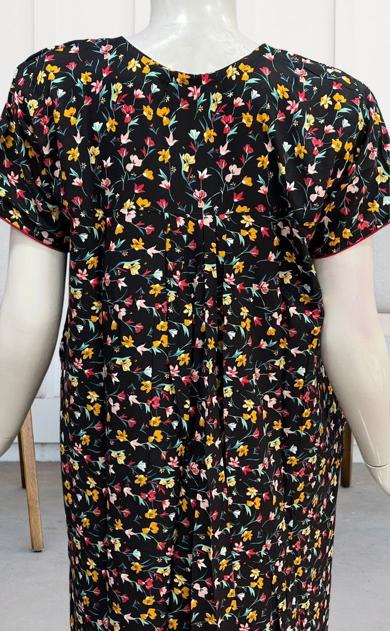 Black/Red Tiny Flora Rayon Nighty. Flowy Rayon Fabric | Laces and Frills - Laces and Frills