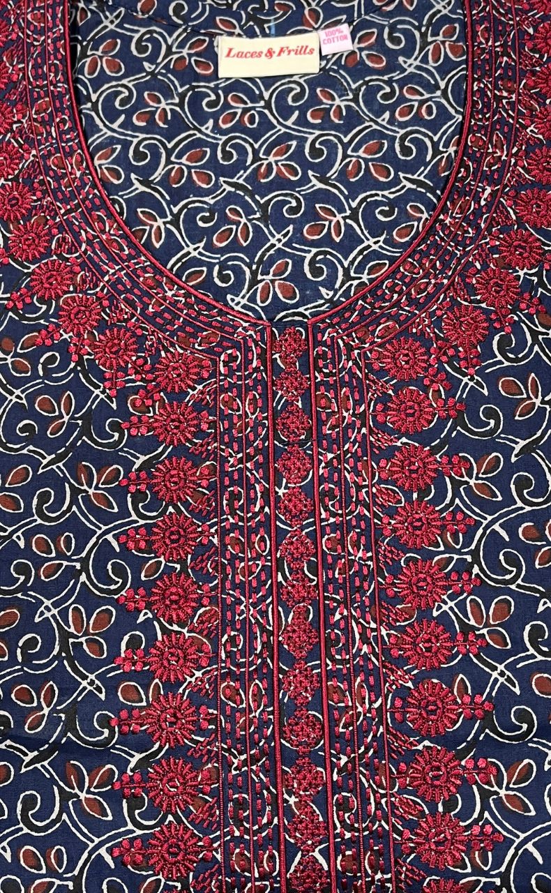 Navy Blue/Maroon Floral Pure Cotton Nighty. Pure Durable Cotton | Laces and Frills - Laces and Frills