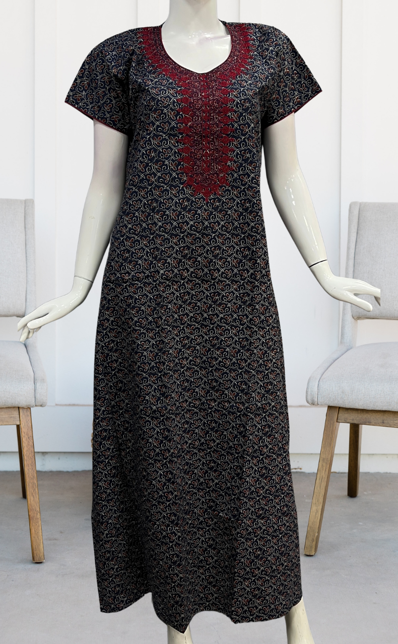 Navy Blue/Maroon Floral Pure Cotton Nighty. Pure Durable Cotton | Laces and Frills - Laces and Frills