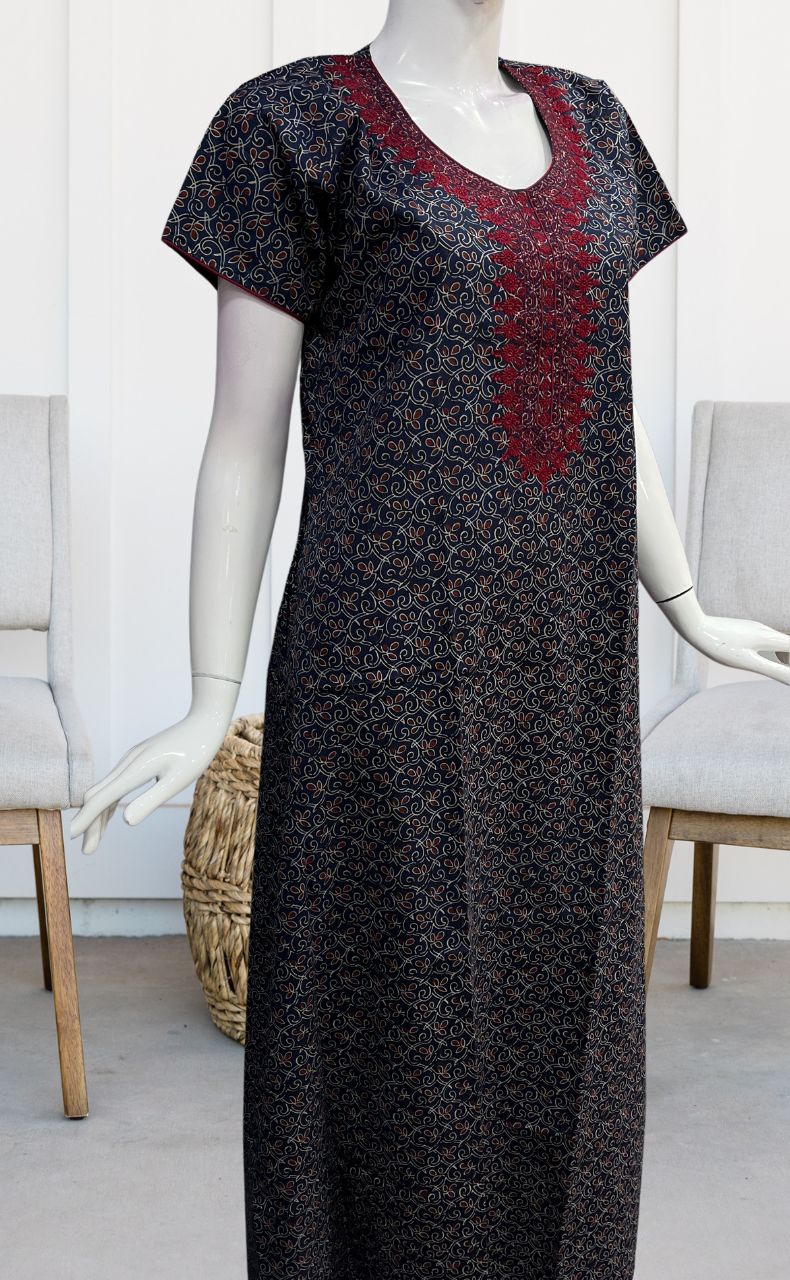Navy Blue/Maroon Floral Pure Cotton Nighty. Pure Durable Cotton | Laces and Frills - Laces and Frills