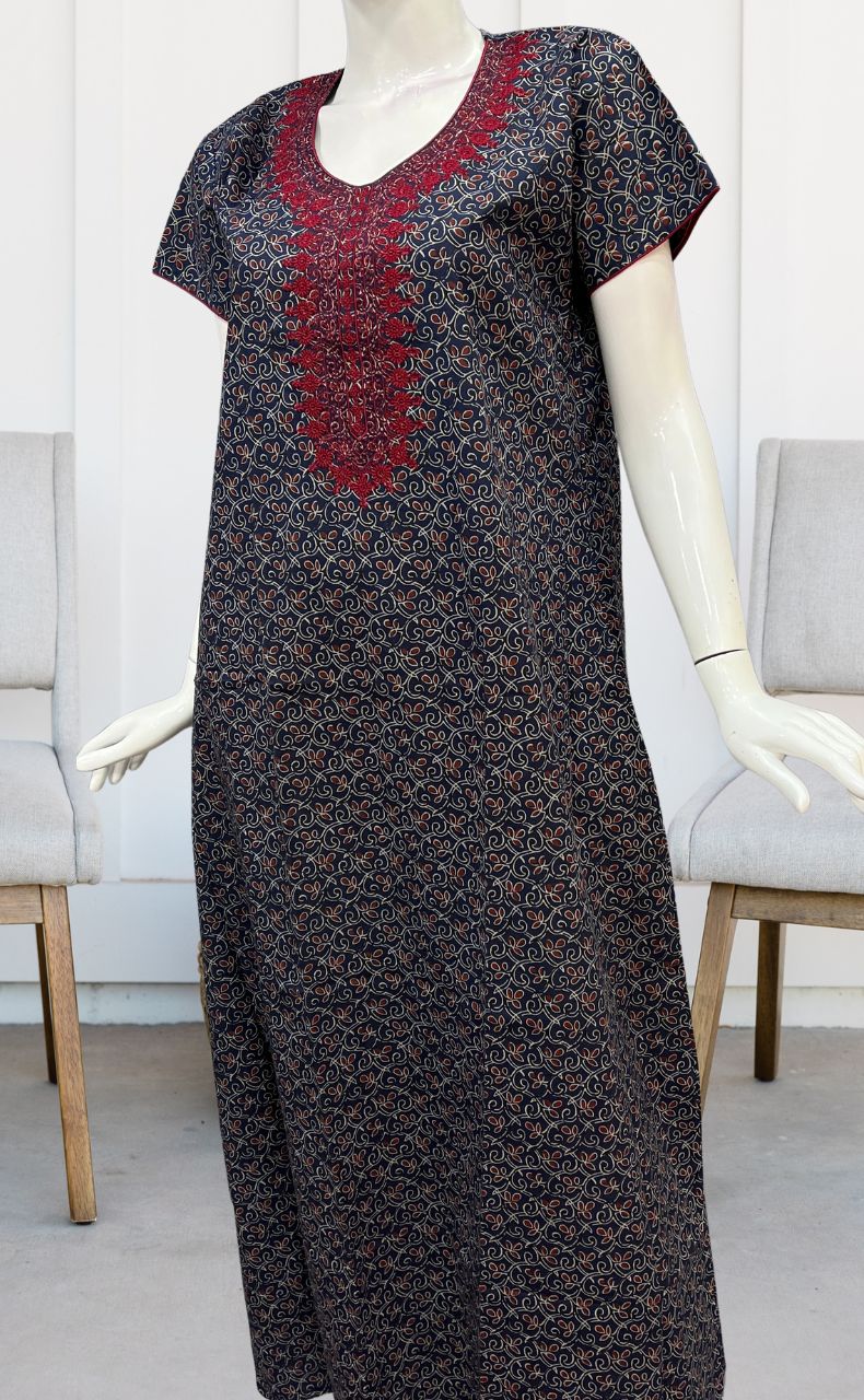 Navy Blue/Maroon Floral Pure Cotton Nighty. Pure Durable Cotton | Laces and Frills - Laces and Frills