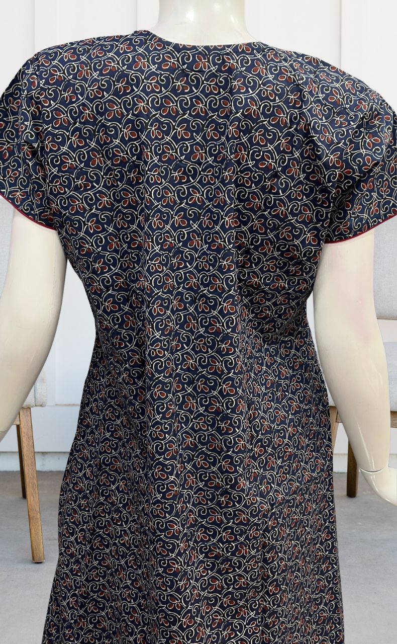 Navy Blue/Maroon Floral Pure Cotton Nighty. Pure Durable Cotton | Laces and Frills - Laces and Frills