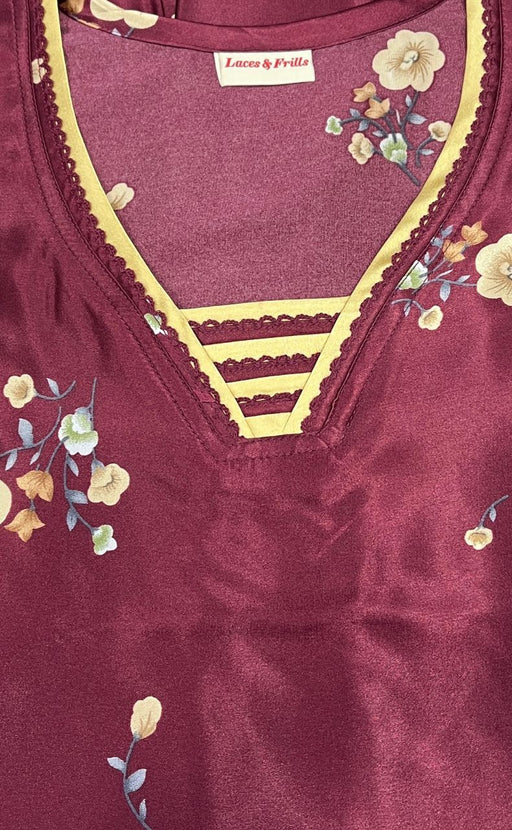 Maroon Floral Satin Nighty. Pure Durable Cotton | Laces and Frills - Laces and Frills