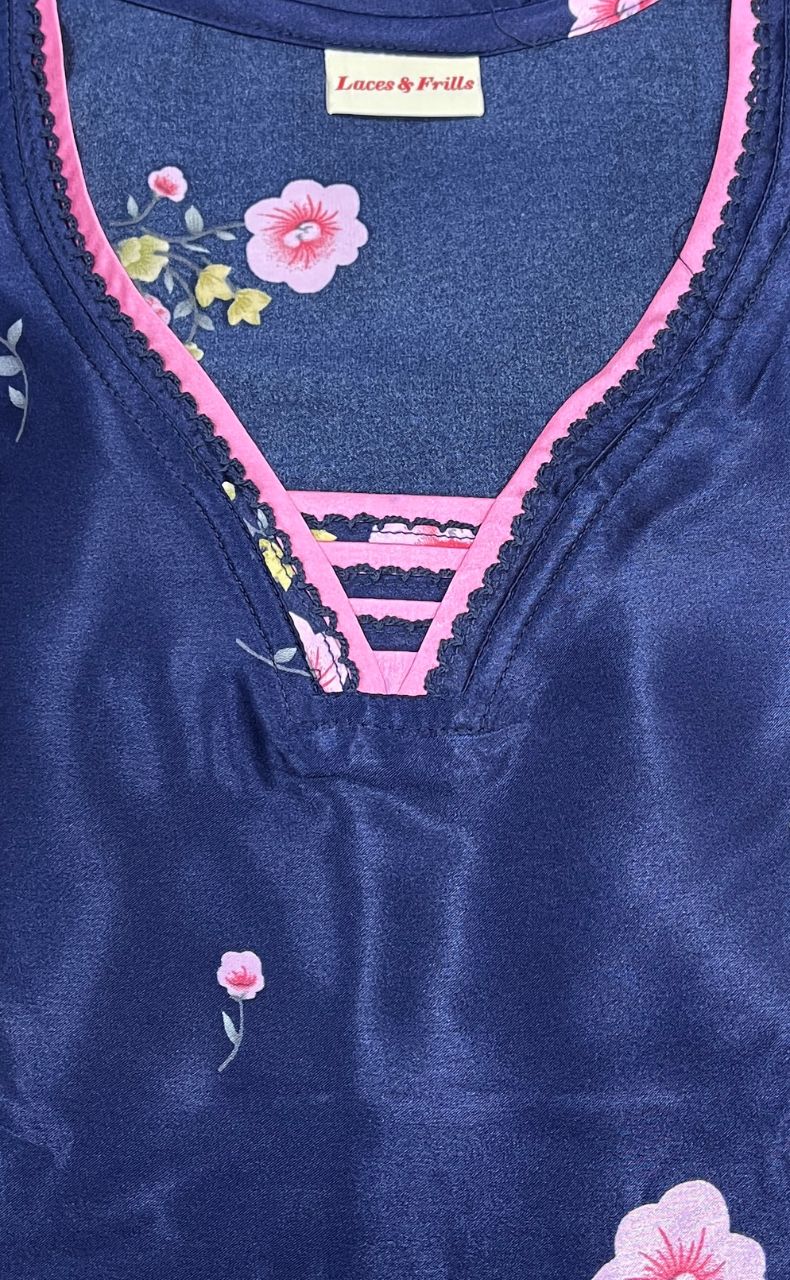 Navy Blue Floral Satin Nighty. Pure Durable Cotton | Laces and Frills - Laces and Frills