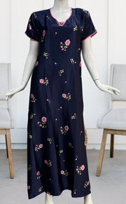 Navy Blue Floral Satin Nighty. Pure Durable Cotton | Laces and Frills - Laces and Frills