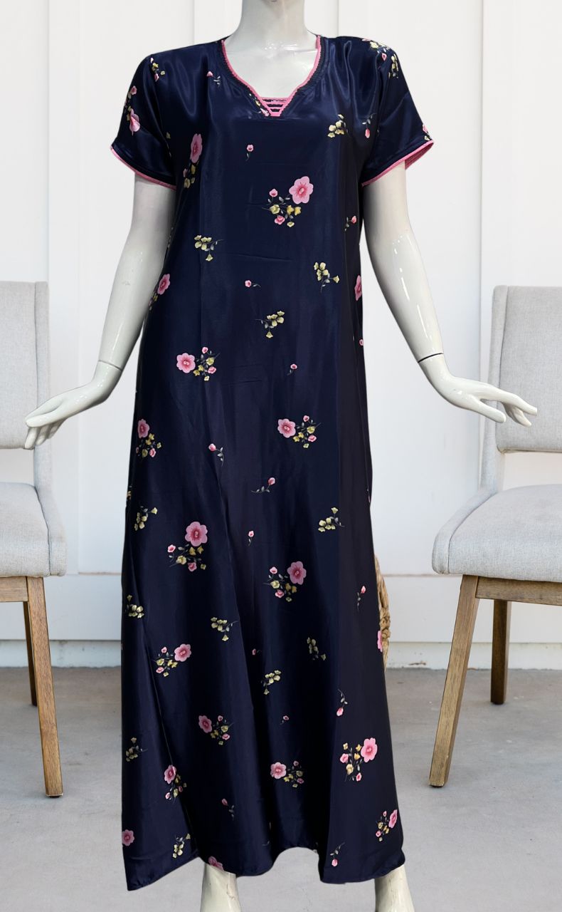 Navy Blue Floral Satin Nighty. Pure Durable Cotton | Laces and Frills - Laces and Frills