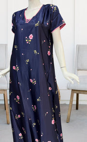 Navy Blue Floral Satin Nighty. Pure Durable Cotton | Laces and Frills - Laces and Frills