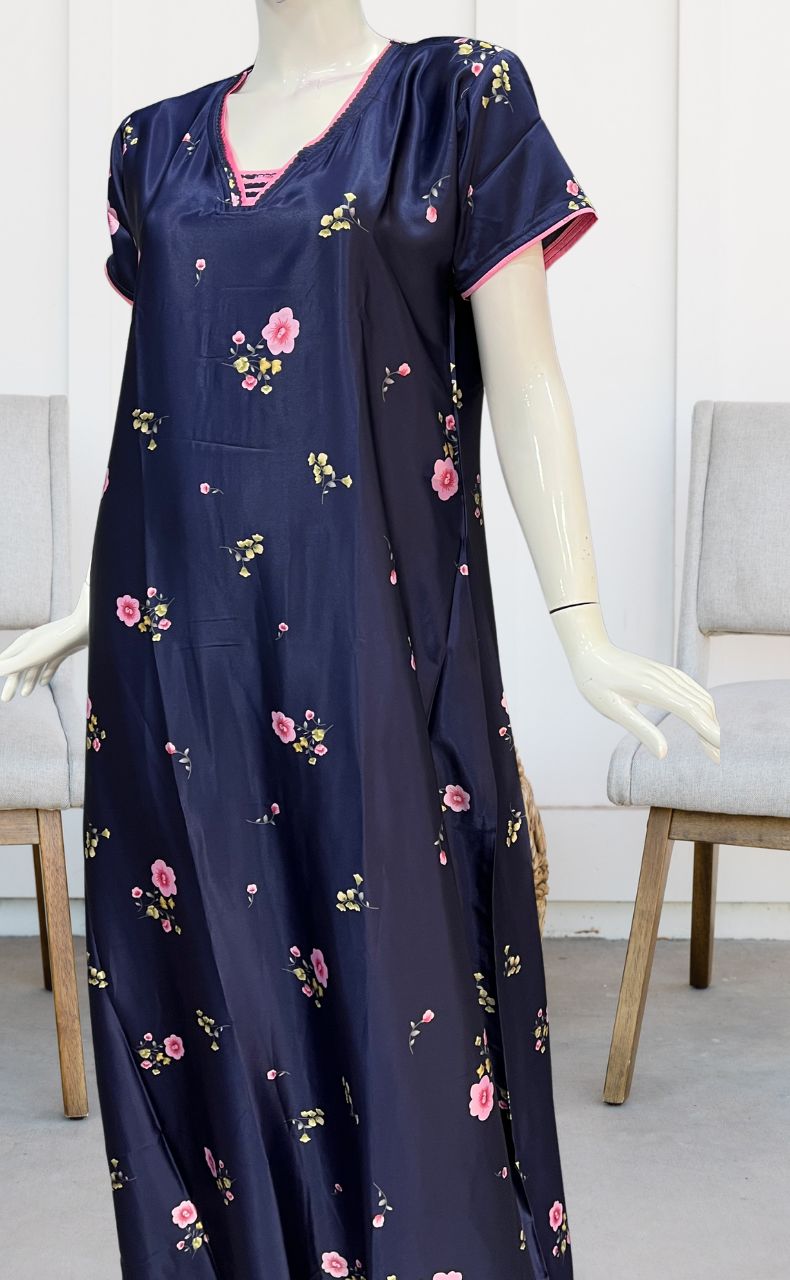 Navy Blue Floral Satin Nighty. Pure Durable Cotton | Laces and Frills - Laces and Frills