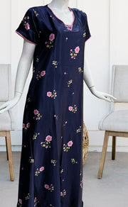 Navy Blue Floral Satin Nighty. Pure Durable Cotton | Laces and Frills - Laces and Frills