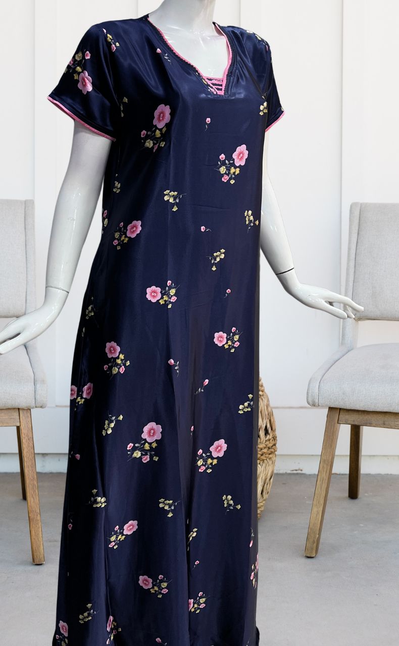 Navy Blue Floral Satin Nighty. Pure Durable Cotton | Laces and Frills - Laces and Frills