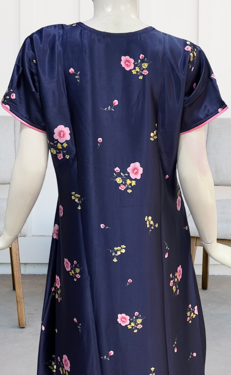 Navy Blue Floral Satin Nighty. Pure Durable Cotton | Laces and Frills - Laces and Frills