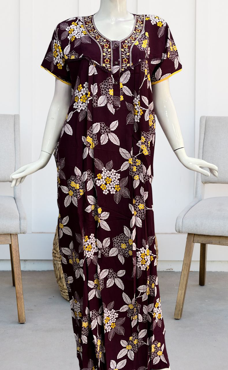Maroon/Yellow Embroidery Rayon Nighty.  Flowy Rayon Fabric | Laces and Frills - Laces and Frills