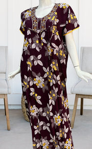 Maroon/Yellow Embroidery Rayon Nighty.  Flowy Rayon Fabric | Laces and Frills - Laces and Frills