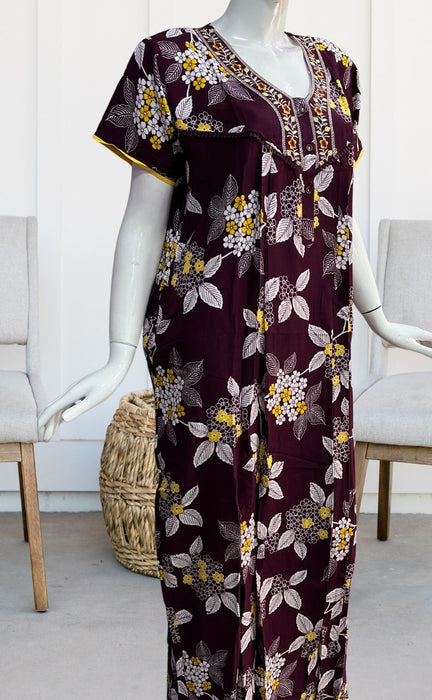 Maroon/Yellow Embroidery Rayon Nighty.  Flowy Rayon Fabric | Laces and Frills - Laces and Frills