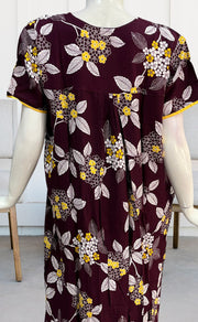 Maroon/Yellow Embroidery Rayon Nighty.  Flowy Rayon Fabric | Laces and Frills - Laces and Frills