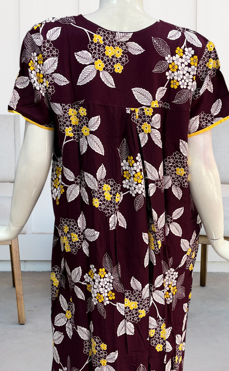 Maroon/Yellow Embroidery Rayon Nighty.  Flowy Rayon Fabric | Laces and Frills - Laces and Frills