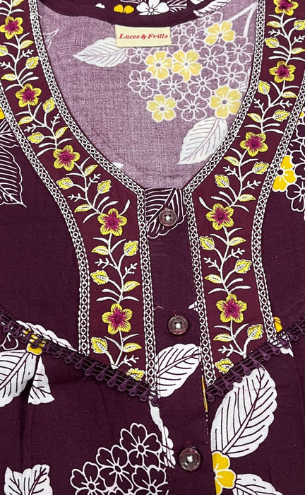 Maroon/Yellow Embroidery Rayon Nighty.  Flowy Rayon Fabric | Laces and Frills - Laces and Frills