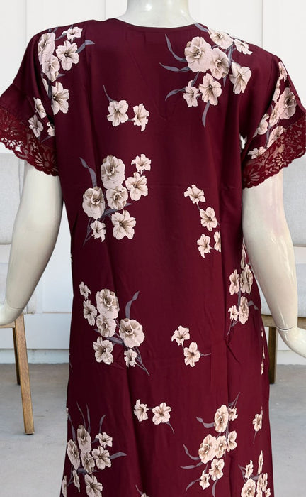 Maroon Floral Rayon Nighty.  Flowy Rayon Fabric | Laces and Frills - Laces and Frills