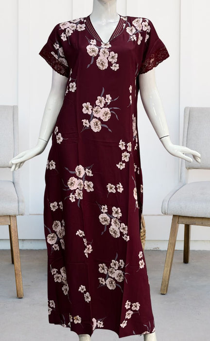 Maroon Floral Rayon Nighty.  Flowy Rayon Fabric | Laces and Frills - Laces and Frills