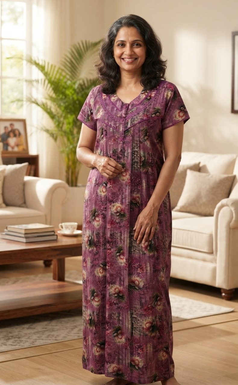 Lavender Digital Print Spun Nighty. Flowy Spun Fabric | Laces and Frills