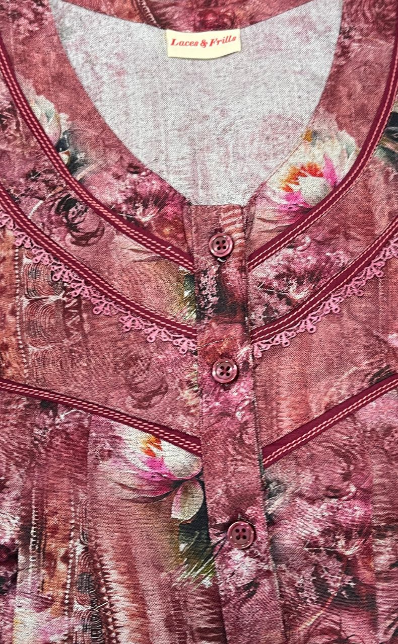 Maroon Digital Print Spun Nighty. Flowy Spun Fabric | Laces and Frills - Laces and Frills