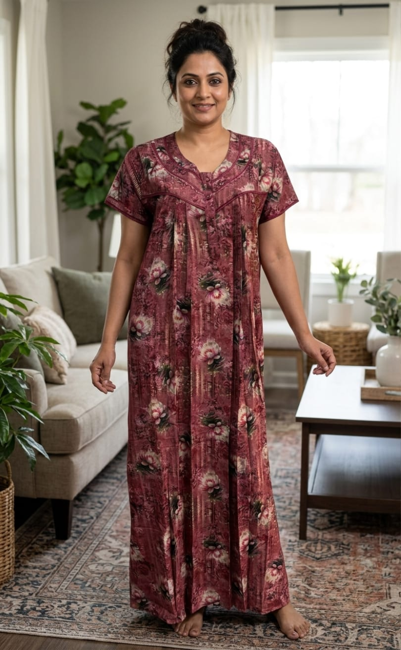 Maroon Digital Print Spun Nighty. Flowy Spun Fabric | Laces and Frills