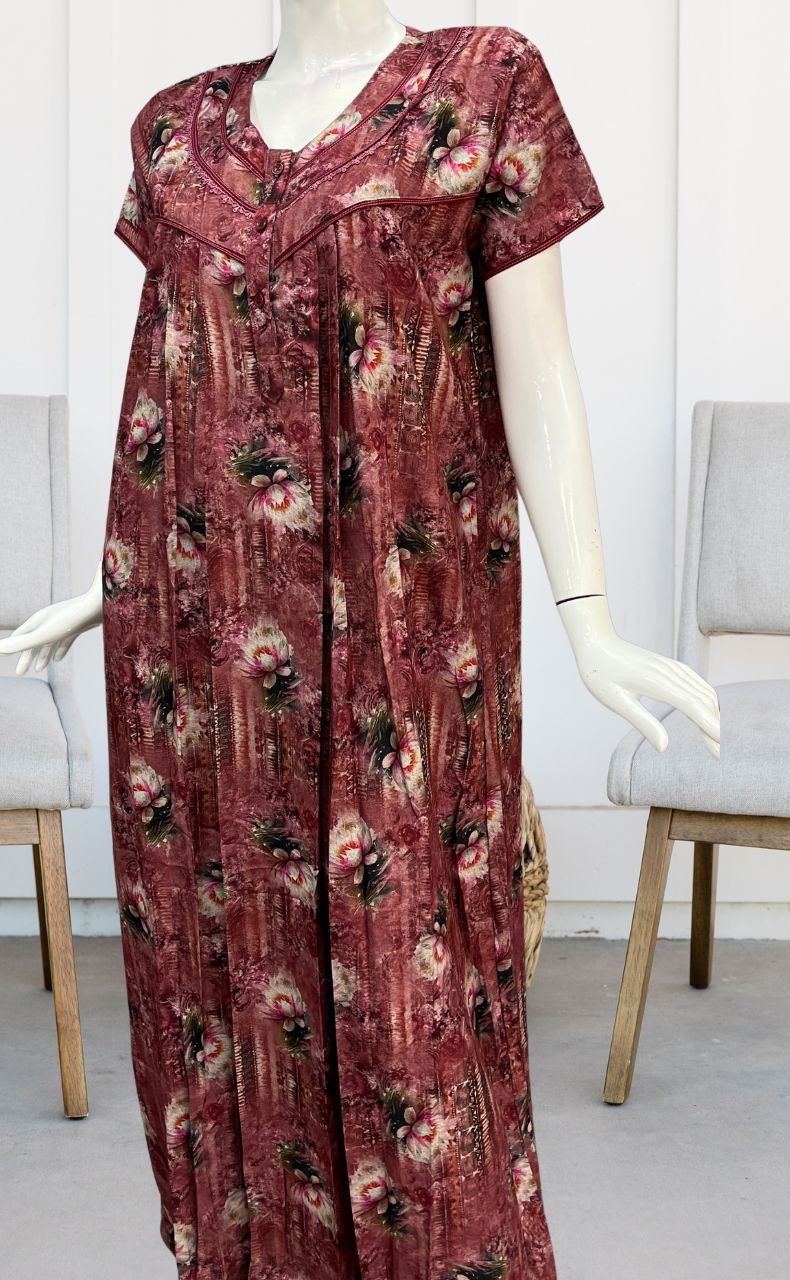 Maroon Digital Print Spun Nighty. Flowy Spun Fabric | Laces and Frills - Laces and Frills