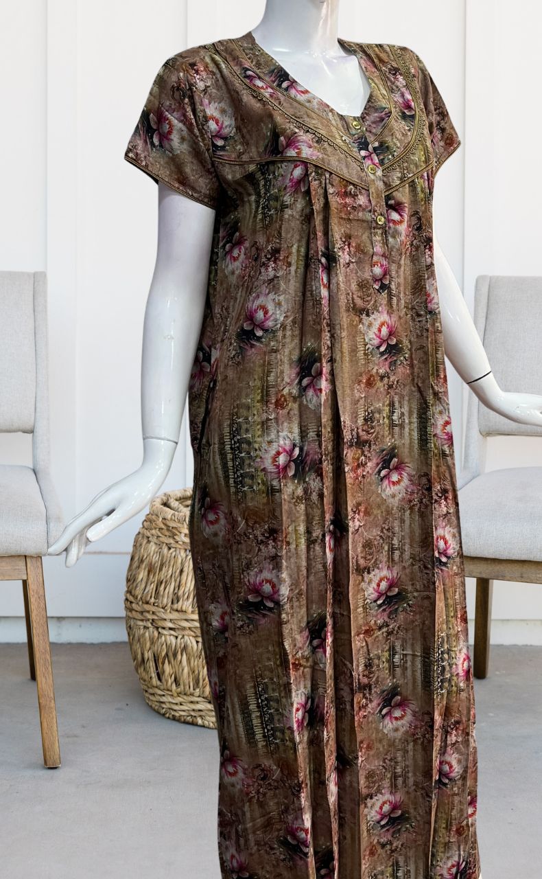 Mustard Digital Print Spun Nighty. Flowy Spun Fabric | Laces and Frills - Laces and Frills