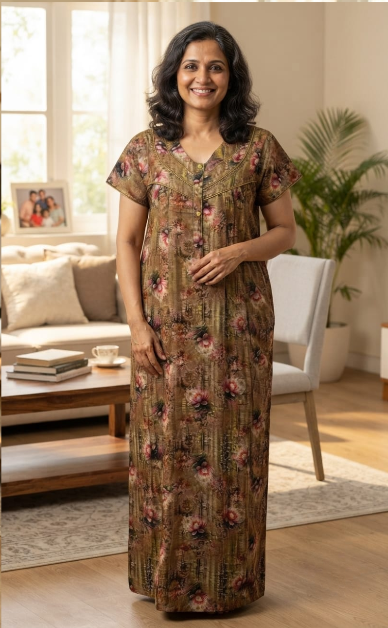 Mustard Digital Print Spun Nighty. Flowy Spun Fabric | Laces and Frills