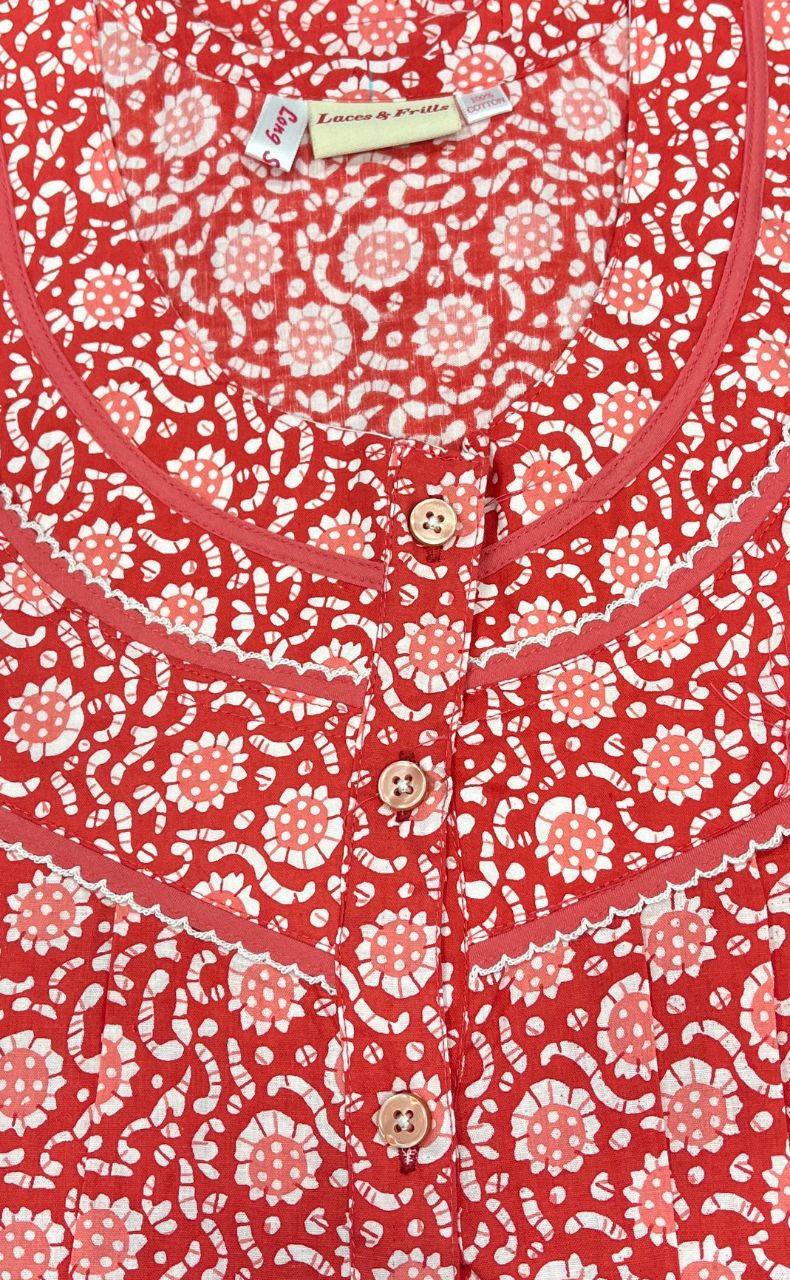 Peach Flora Pure Cotton Long Sleeves Nighty. Pure Durable Cotton | Laces and Frills - Laces and Frills