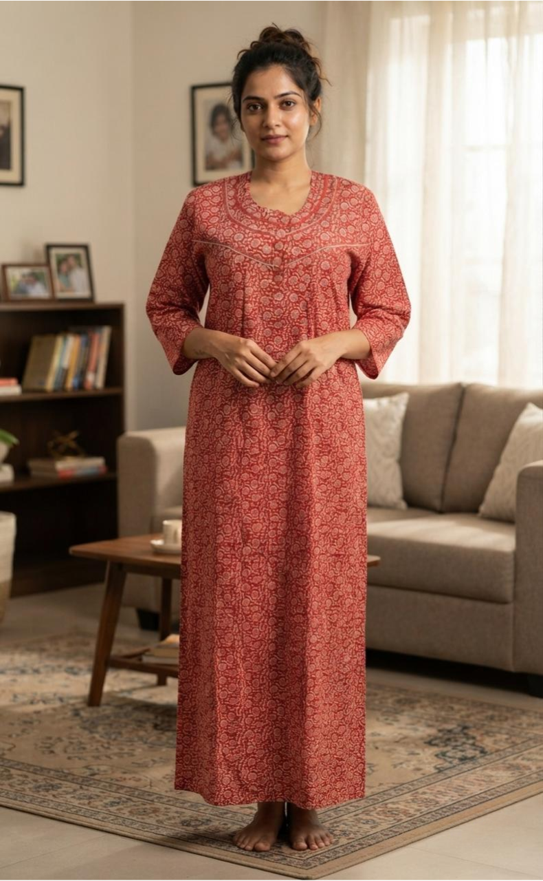 Peach Flora Pure Cotton Long Sleeves Nighty. Pure Durable Cotton | Laces and Frills