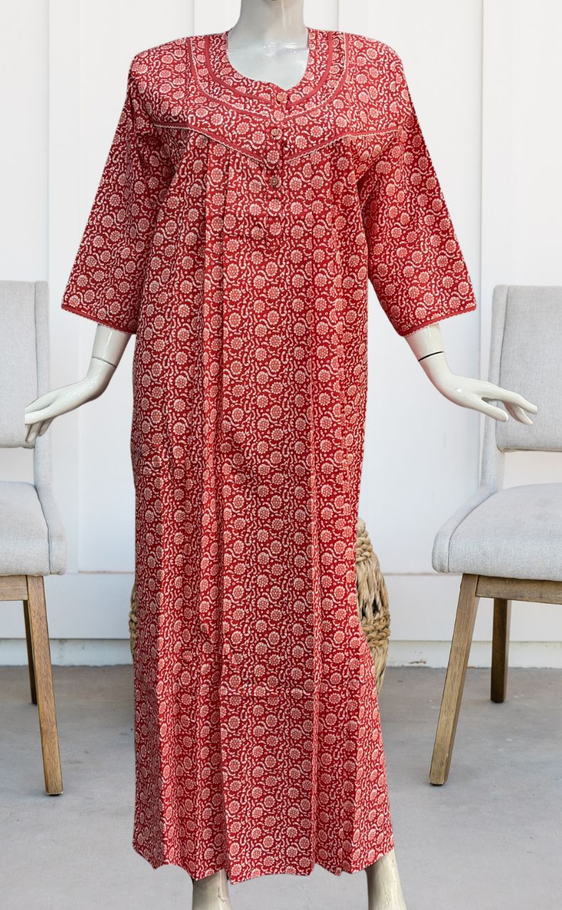 Peach Flora Pure Cotton Long Sleeves Nighty. Pure Durable Cotton | Laces and Frills - Laces and Frills