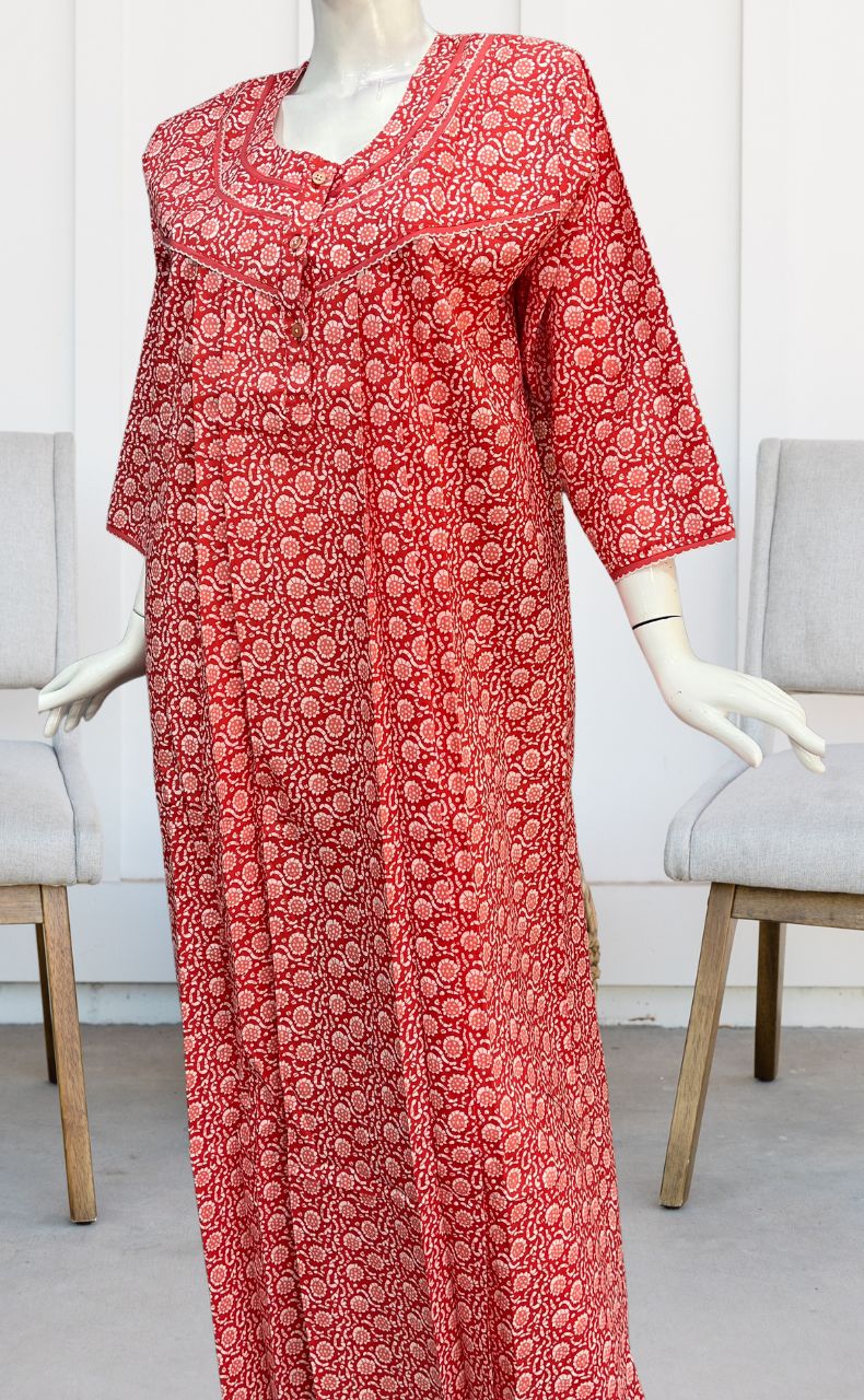 Peach Flora Pure Cotton Long Sleeves Nighty. Pure Durable Cotton | Laces and Frills - Laces and Frills