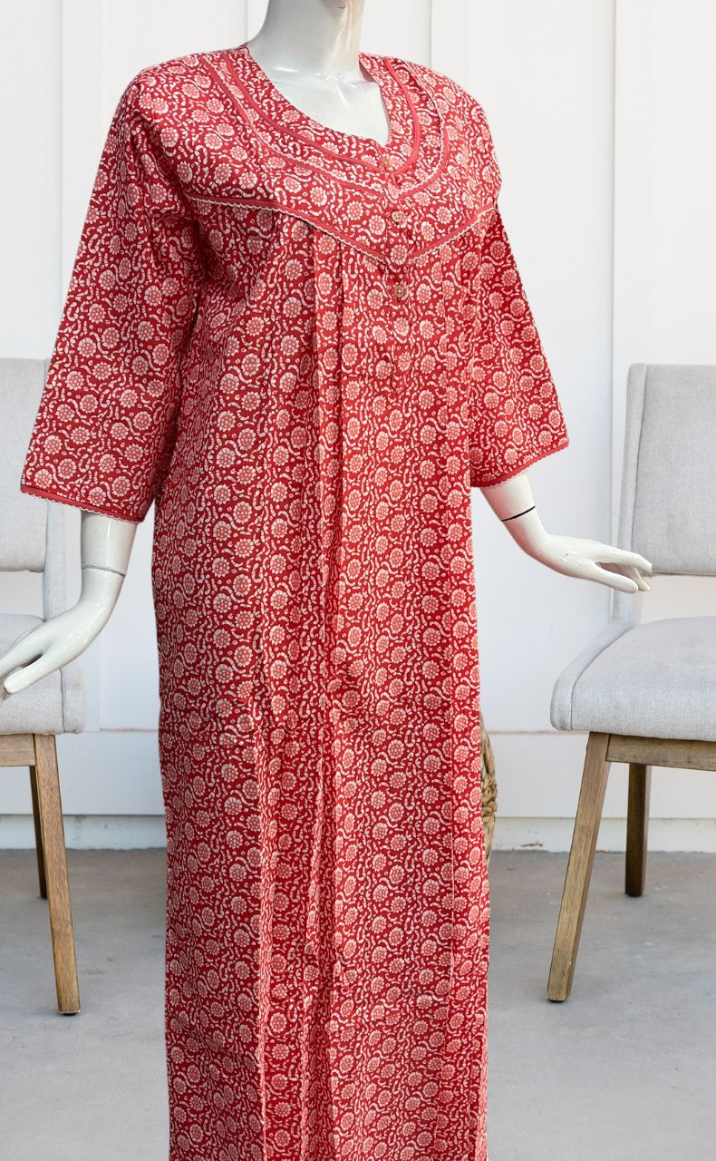 Peach Flora Pure Cotton Long Sleeves Nighty. Pure Durable Cotton | Laces and Frills - Laces and Frills