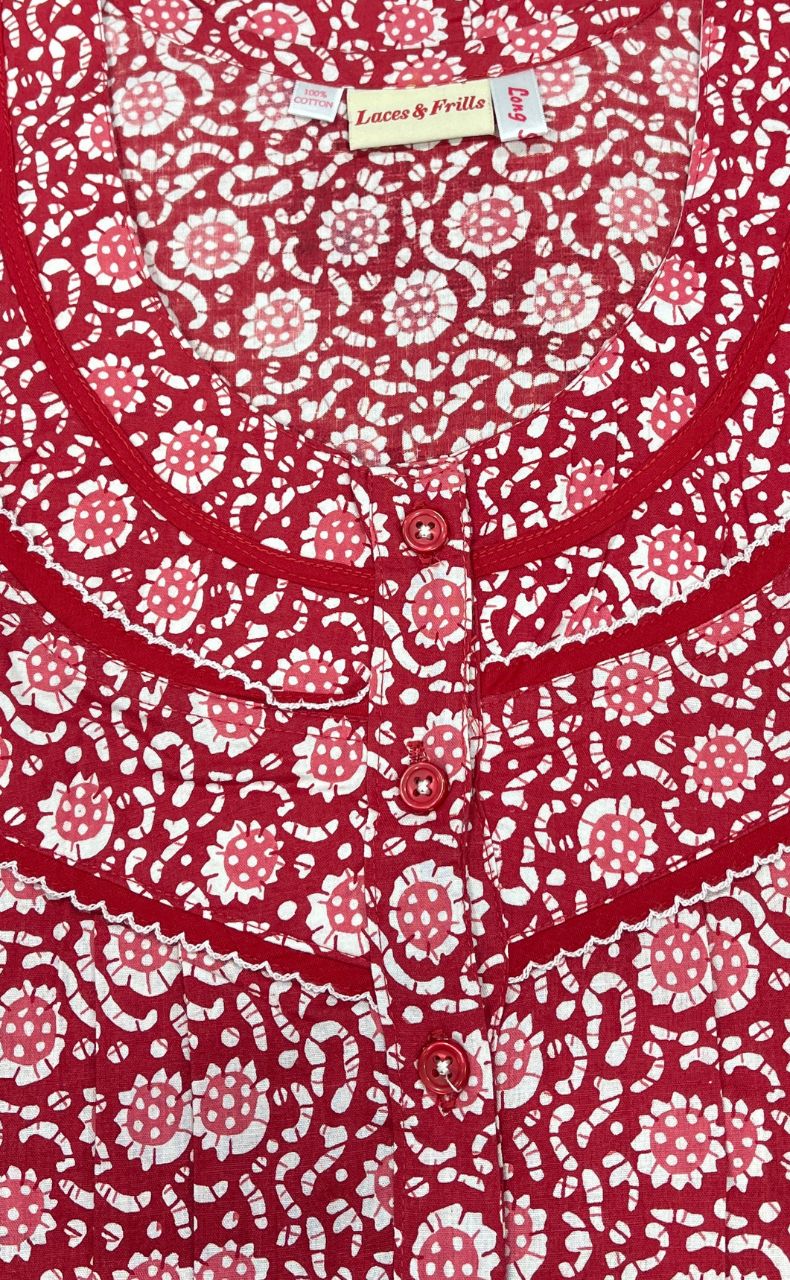 Red Flora Pure Cotton Long Sleeves Nighty. Pure Durable Cotton | Laces and Frills - Laces and Frills