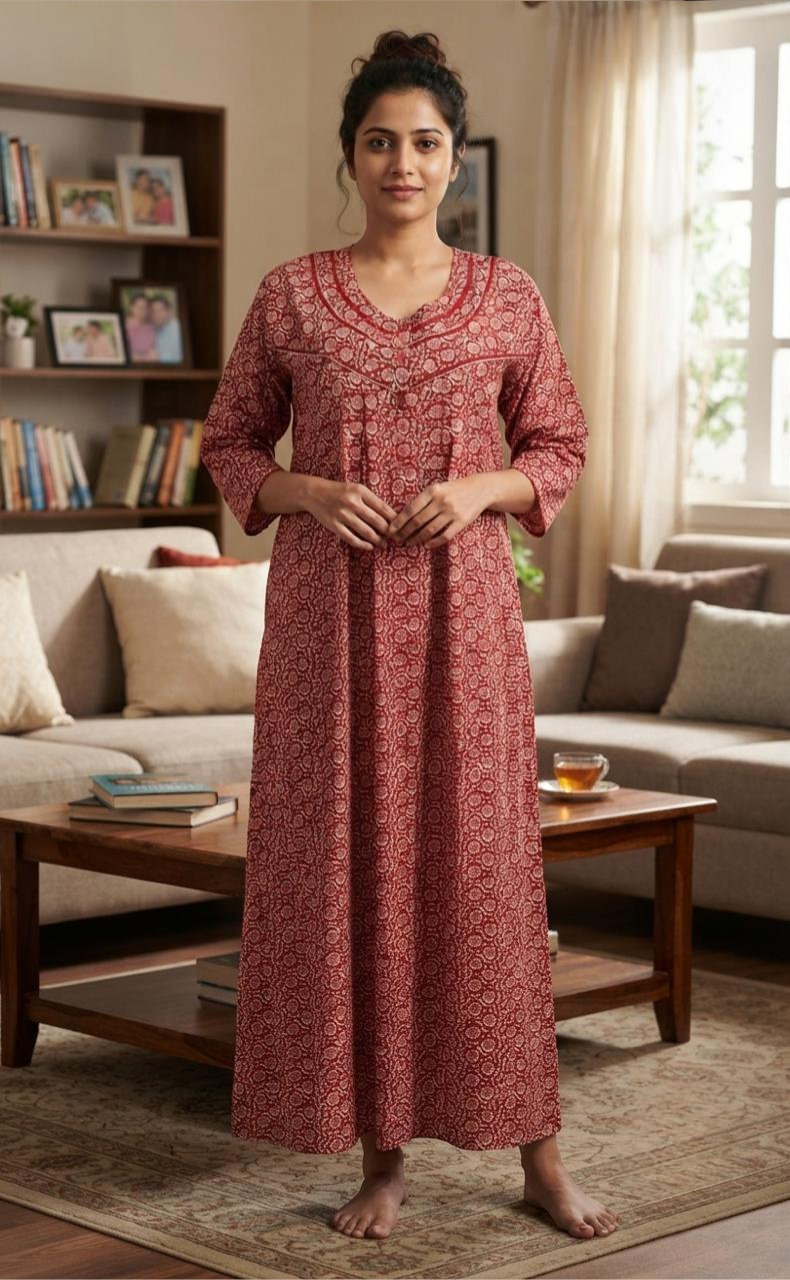 Red Flora Pure Cotton Long Sleeves Nighty. Pure Durable Cotton | Laces and Frills