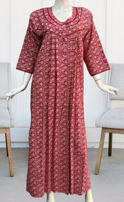 Red Flora Pure Cotton Long Sleeves Nighty. Pure Durable Cotton | Laces and Frills - Laces and Frills