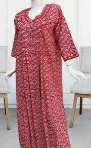 Red Flora Pure Cotton Long Sleeves Nighty. Pure Durable Cotton | Laces and Frills - Laces and Frills