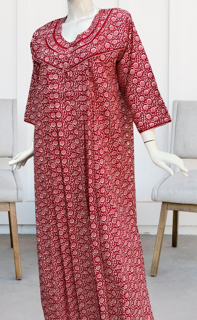 Red Flora Pure Cotton Long Sleeves Nighty. Pure Durable Cotton | Laces and Frills - Laces and Frills