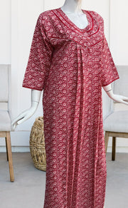 Red Flora Pure Cotton Long Sleeves Nighty. Pure Durable Cotton | Laces and Frills - Laces and Frills