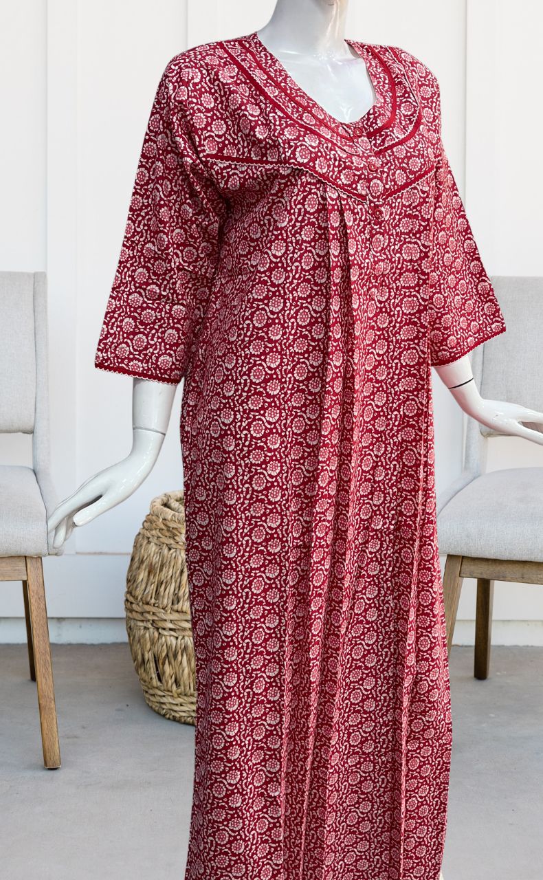Red Flora Pure Cotton Long Sleeves Nighty. Pure Durable Cotton | Laces and Frills - Laces and Frills