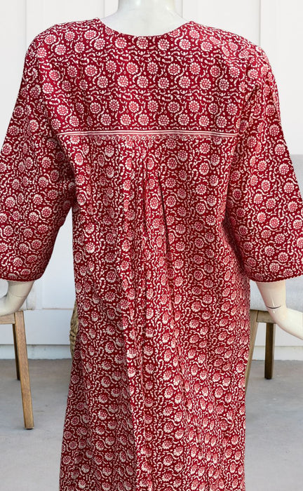 Red Flora Pure Cotton Long Sleeves Nighty. Pure Durable Cotton | Laces and Frills - Laces and Frills