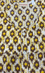 Yellow/Brown Ikkat Full Open Pure Cotton Nighty. Pure Durable Cotton | Laces and Frills - Laces and Frills
