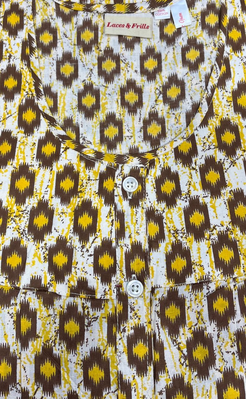 Yellow/Brown Ikkat Full Open Pure Cotton Nighty. Pure Durable Cotton | Laces and Frills - Laces and Frills